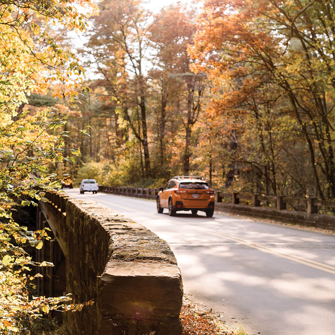 Cars traversing Cumberland Knob on the Blue Ridge Parkway