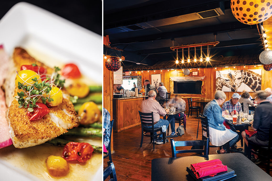 Plate of fish and diners eat at Red Dog Bar Bistro