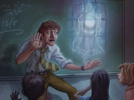 Illustration of teacher Mr. Hale telling ghost stories in the classroom