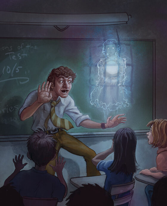 Illustration of teacher Mr. Hale telling ghost stories in the classroom