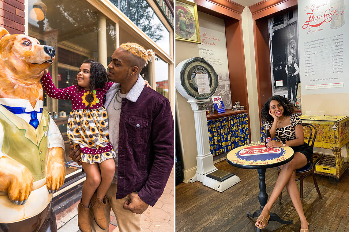 Family visits the bears in downtown New Bern; woman at a table inside The Birthplace of Pepsi