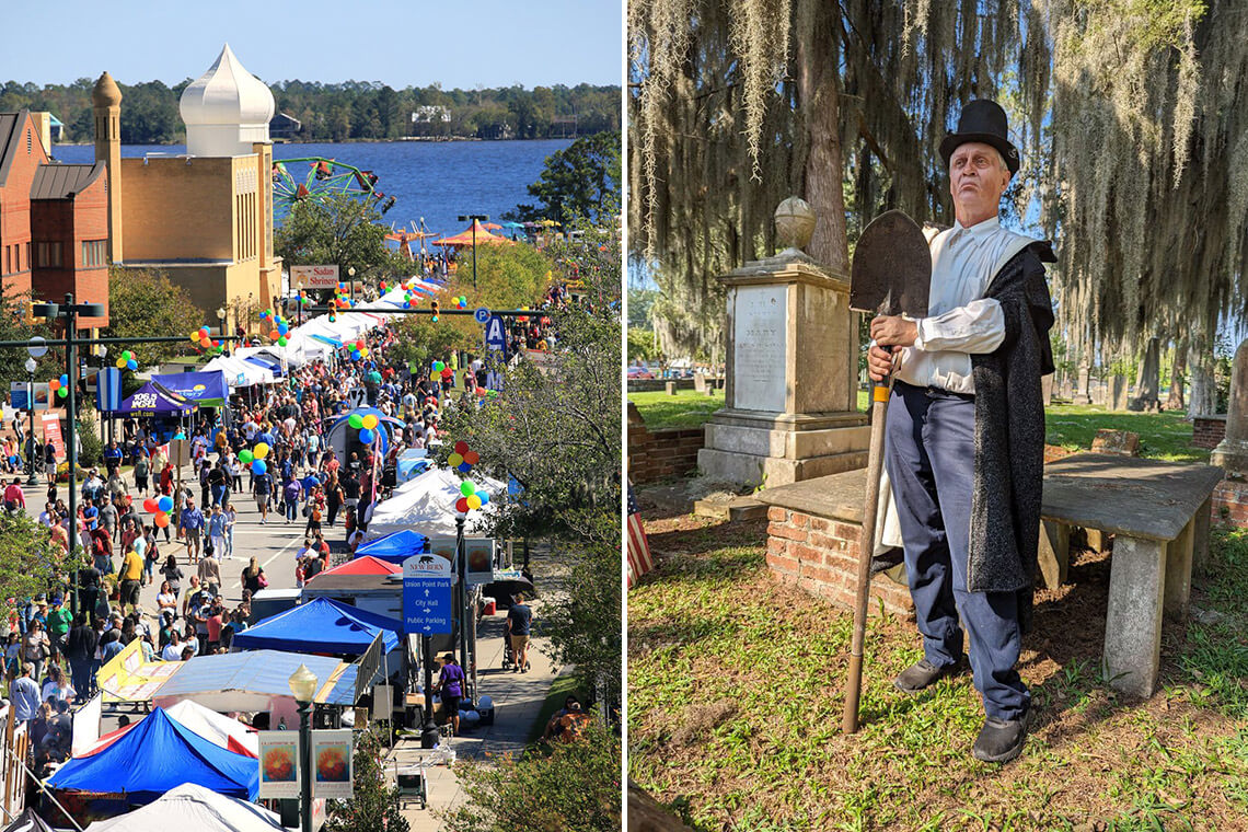 Crowd at MumFest in downtown New Bern. Costumed interpreter at New Bern's Ghostwalk