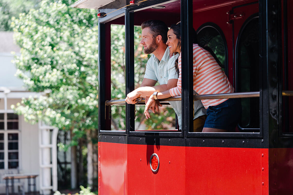 Couple aboard the trolley tour in downtown New Bern
