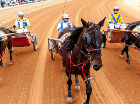 Horses pull jockeys at the Pinehurst Harness Track