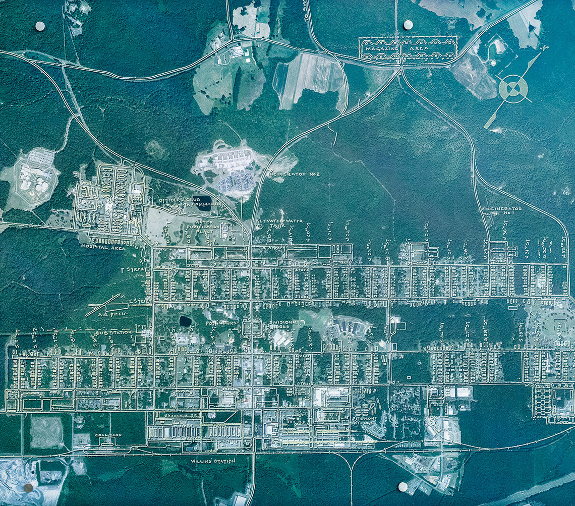 Aerial photo of town hall. 