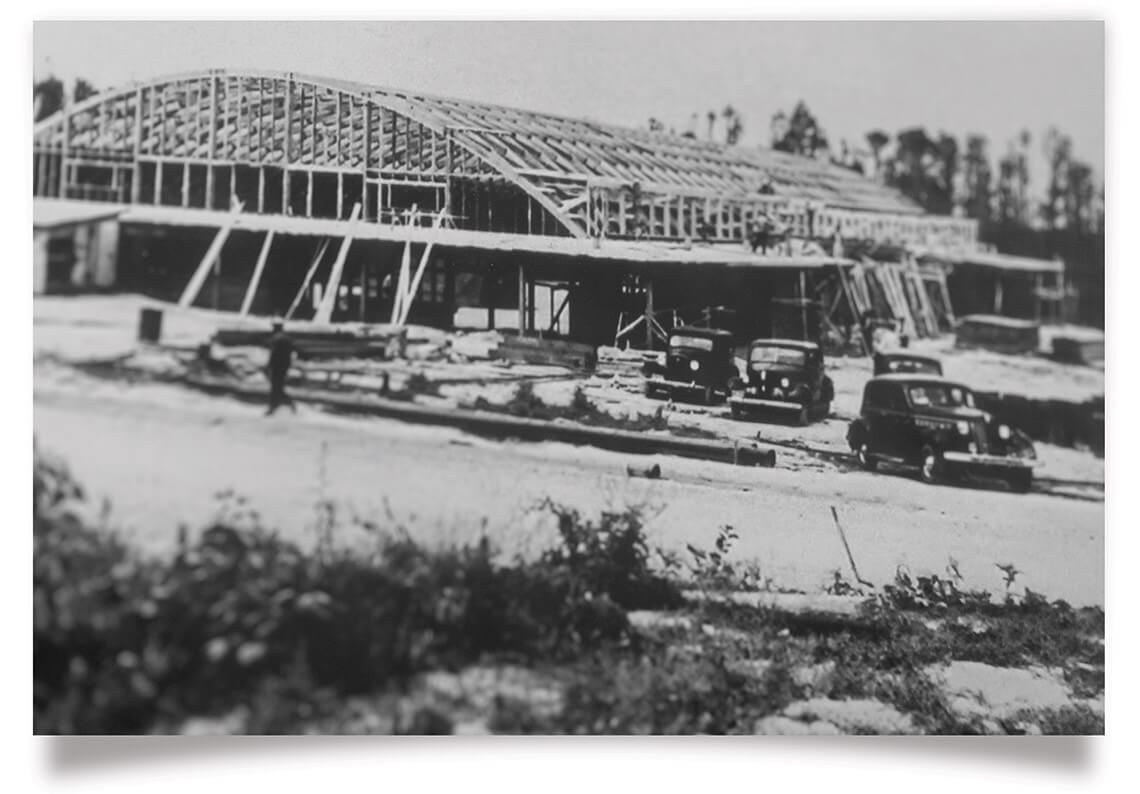 Black and white photo of the gymnasium in Camp Butner