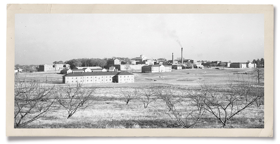 Black-and-white photo of the old Dorothea Dix Hospital