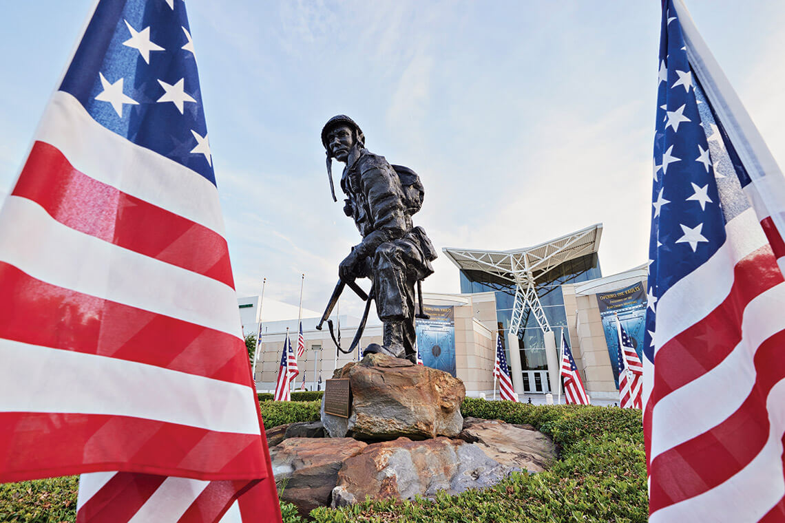 Statue and flags in front of The U.S. Army Airborne and Special Operations Museum in Fayetteville