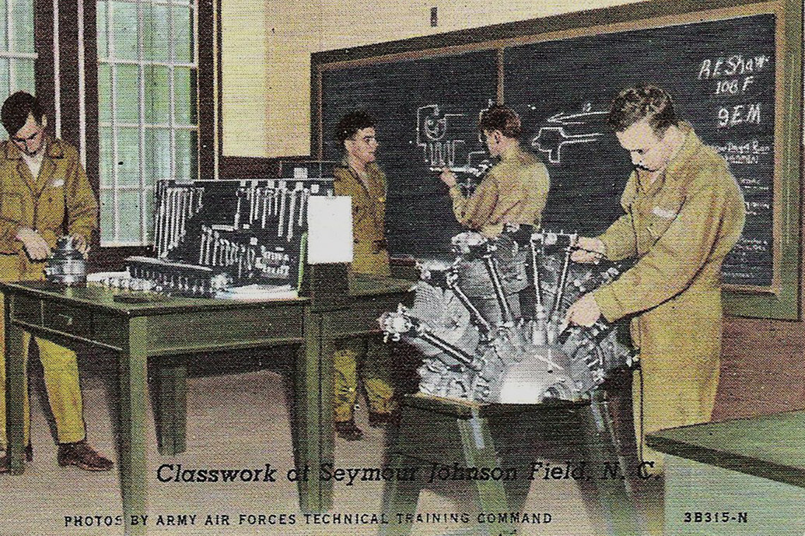 Young trainees work at Army Air Forces Technical Training Command at Seymour Johnson Air Force Base