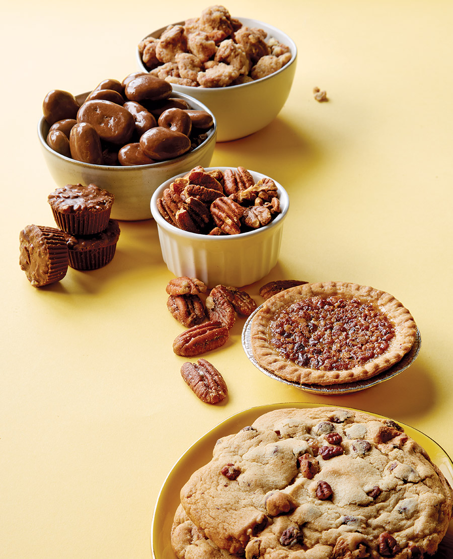 praline pecans, chocolate-covered pecans, PPB meltaways, spicy and salted roasted pecans, mini pecan pies, and pecan turtle cookies from Allen Orchards in Tar Heel, NC