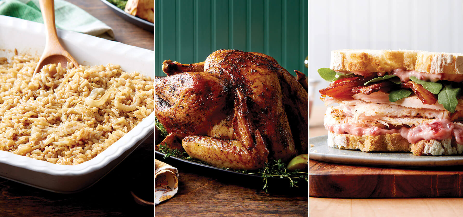 Thanksgiving recipes include Dottie's Brown Rice, a show-stopping roasted turkey, and a leftovers sandwich