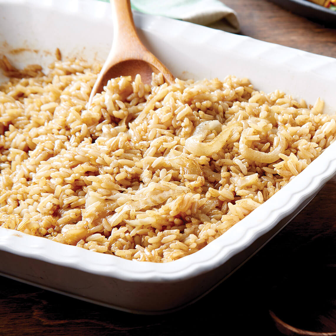 Casserole dish of Dottie's Brown Rice