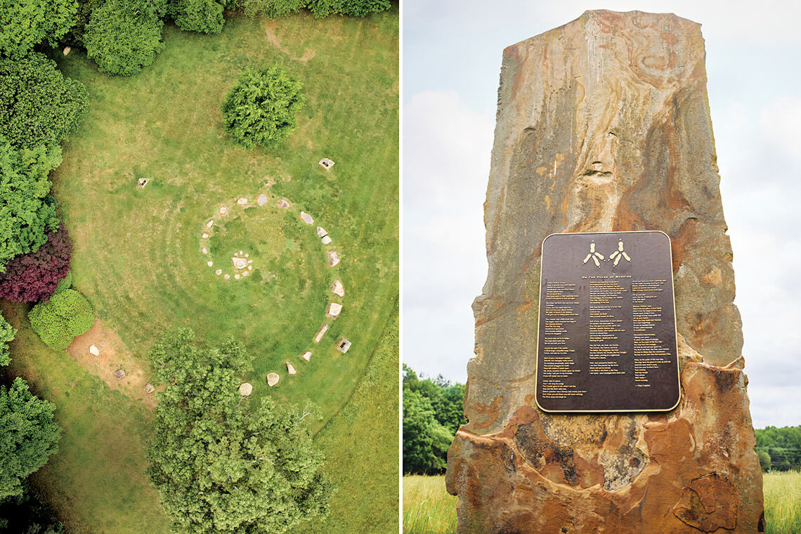 Overhead view of Stone Knoll; and the eagle slab with Maya Angelou's On the Pulse of Morning