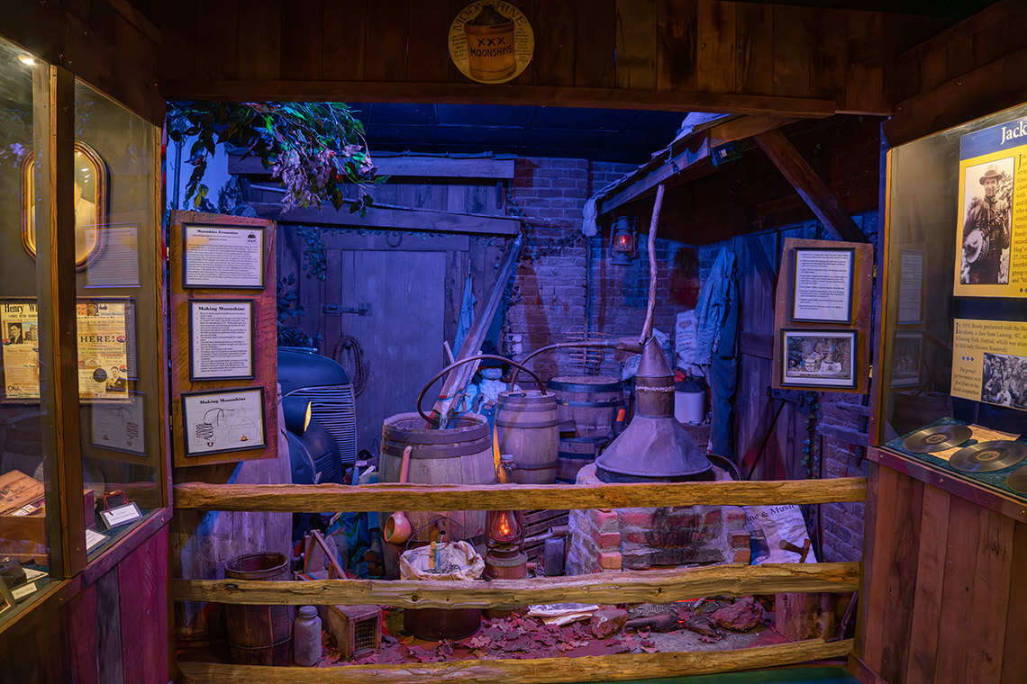 The Moonshine and Music exhibit in the Ashe County Museum of History