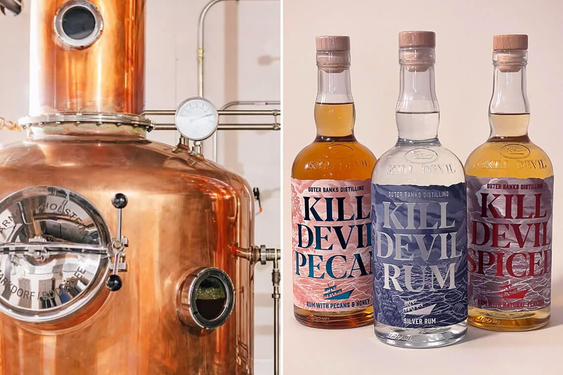 A copper still and Outer Banks Distilling rums.