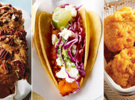 Sweet potato pecan bread, sweet potato taco, and sweet potato fritters