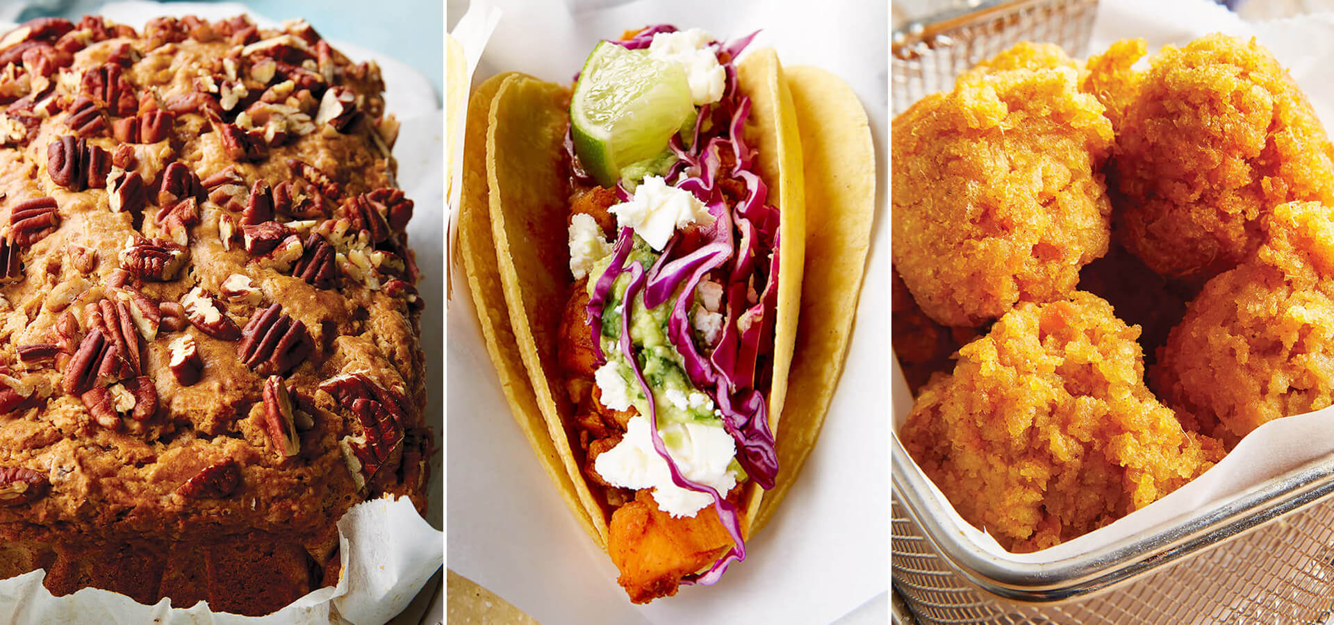 Sweet potato pecan bread, sweet potato taco, and sweet potato fritters