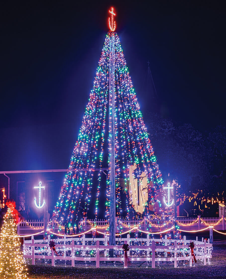 Lit giant Christmas tree in Harkers Island