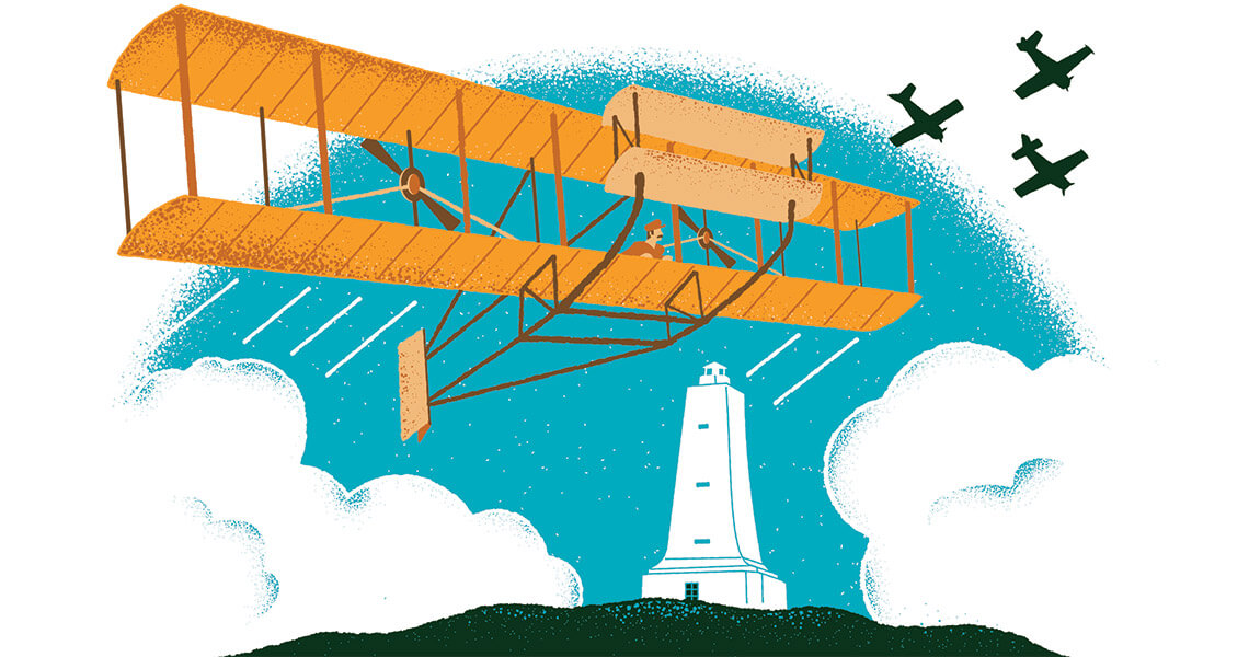 Illustration of the Wright Brothers in flight
