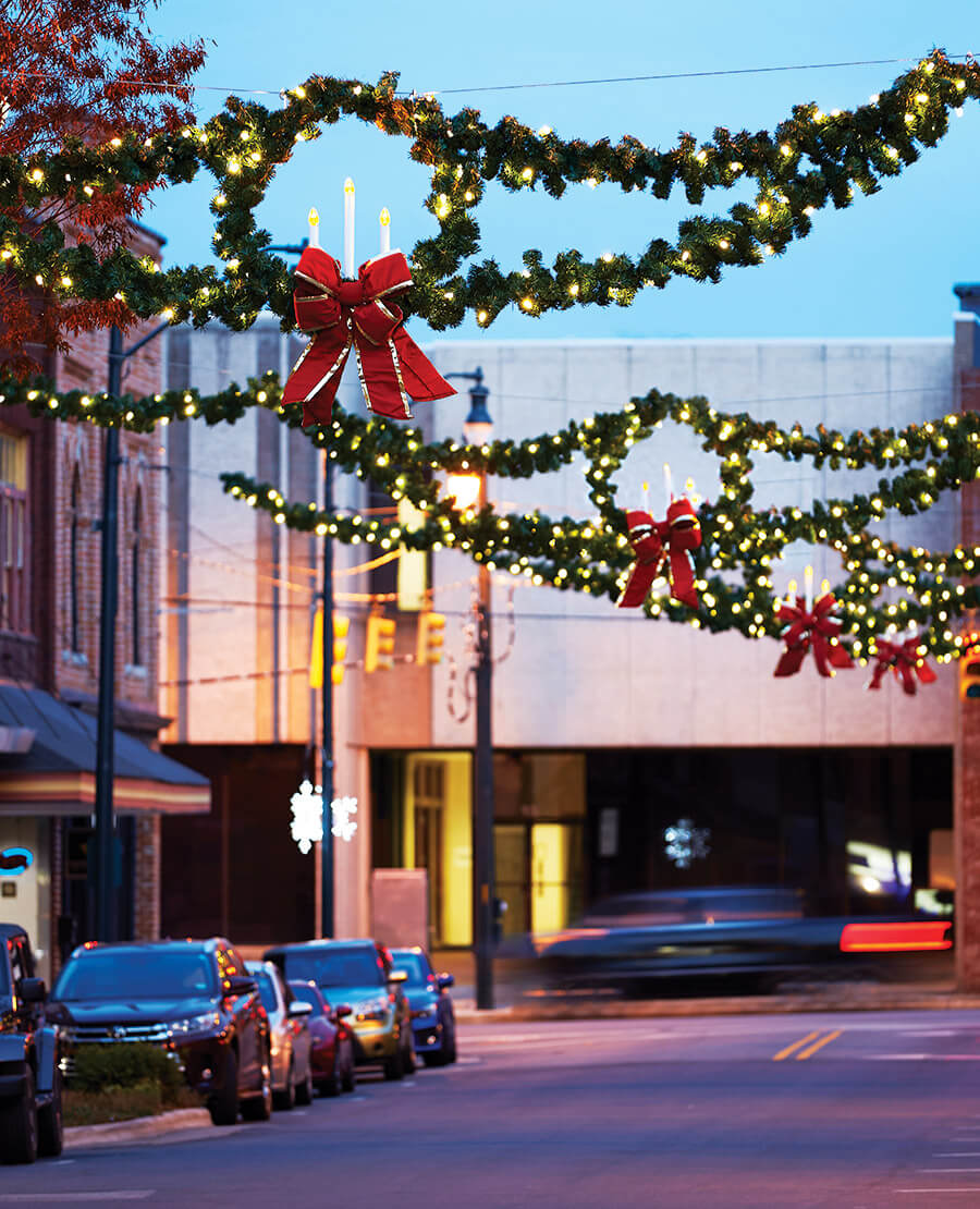 Christmas decorations over Sunset Avenue in Asheboro, NC