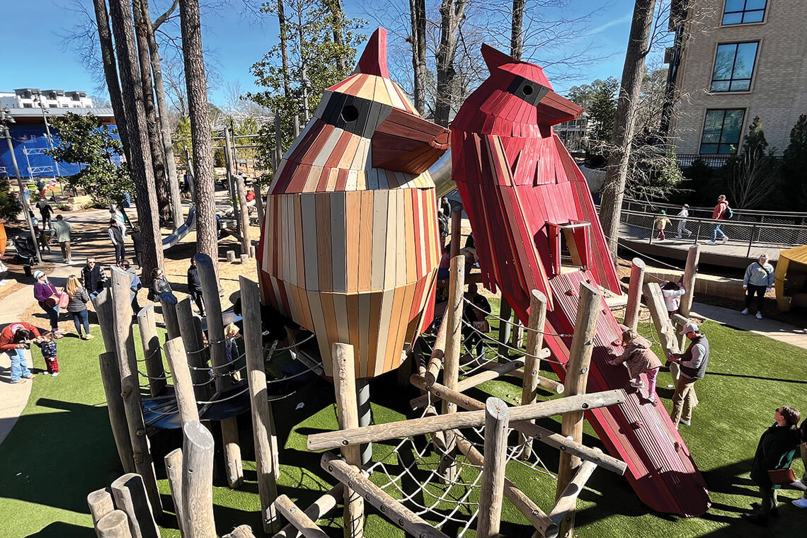 Wooden structures of cardinals in downtown Cary