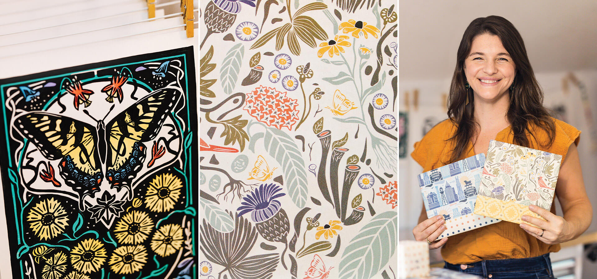 North Carolina flora and fauna are front and center in Katie Hayes’s Peck and Plume gift wrap while her Durham design features Bull City icons.