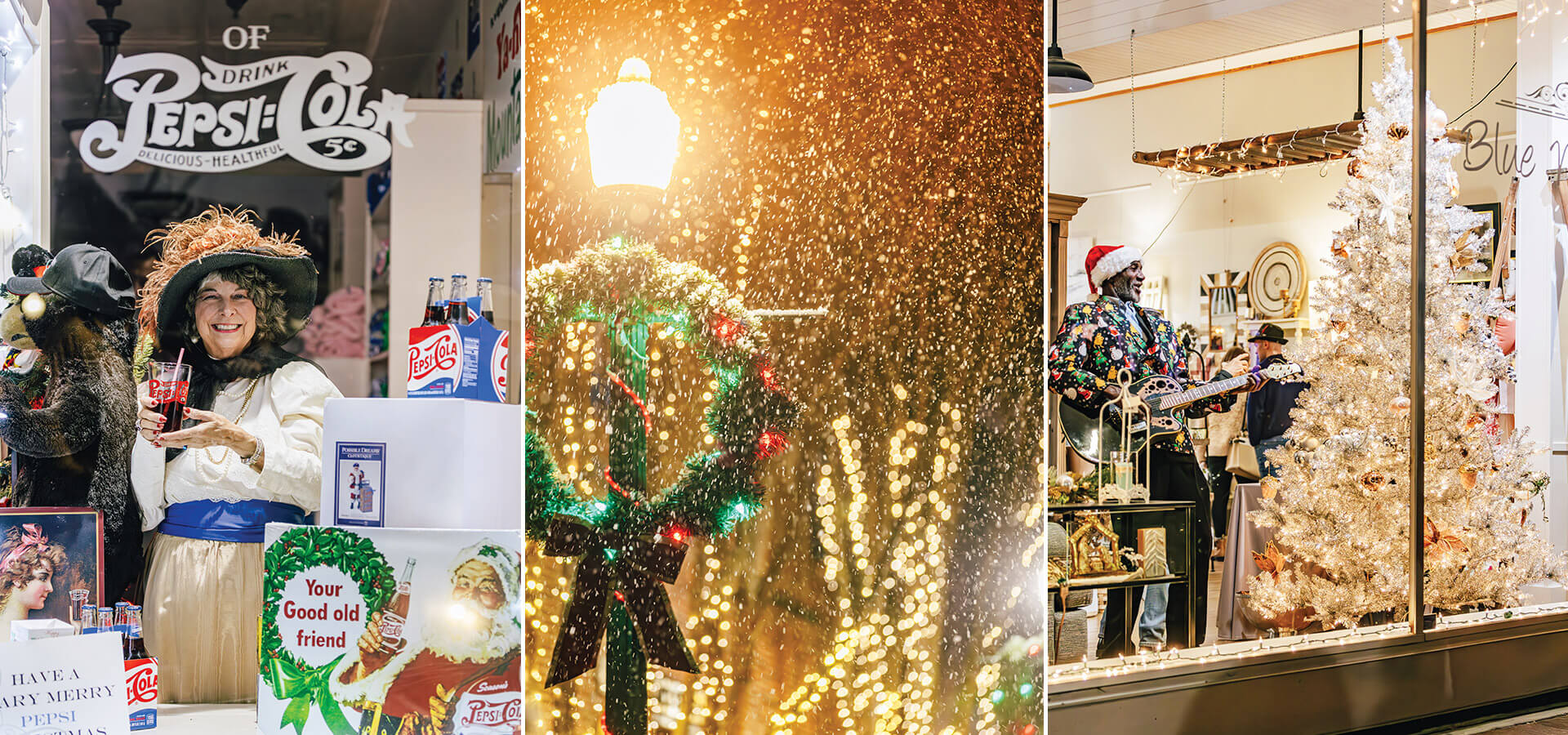 Holiday scenes in New Bern, including the Birthplace of Pepsi-Cola, make snow, and storefronts