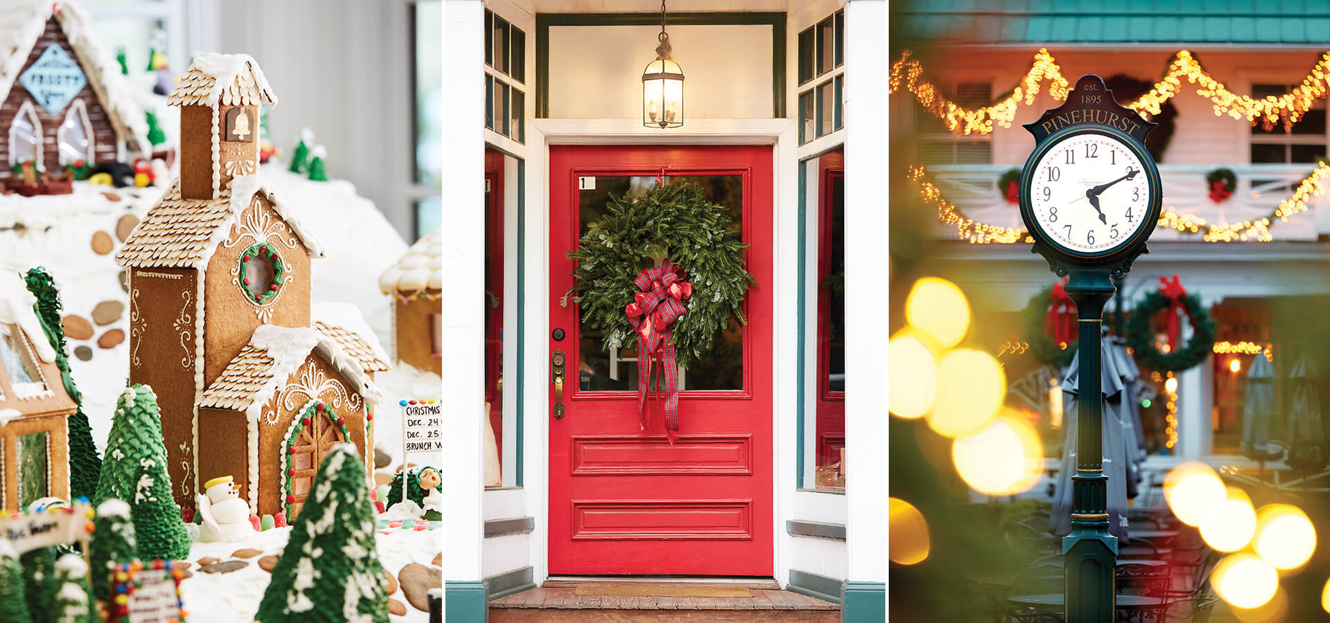 GIngerbread village inside Carolina Hotel at Pinehurst resort, Village of Pinehurst, Clock in the village