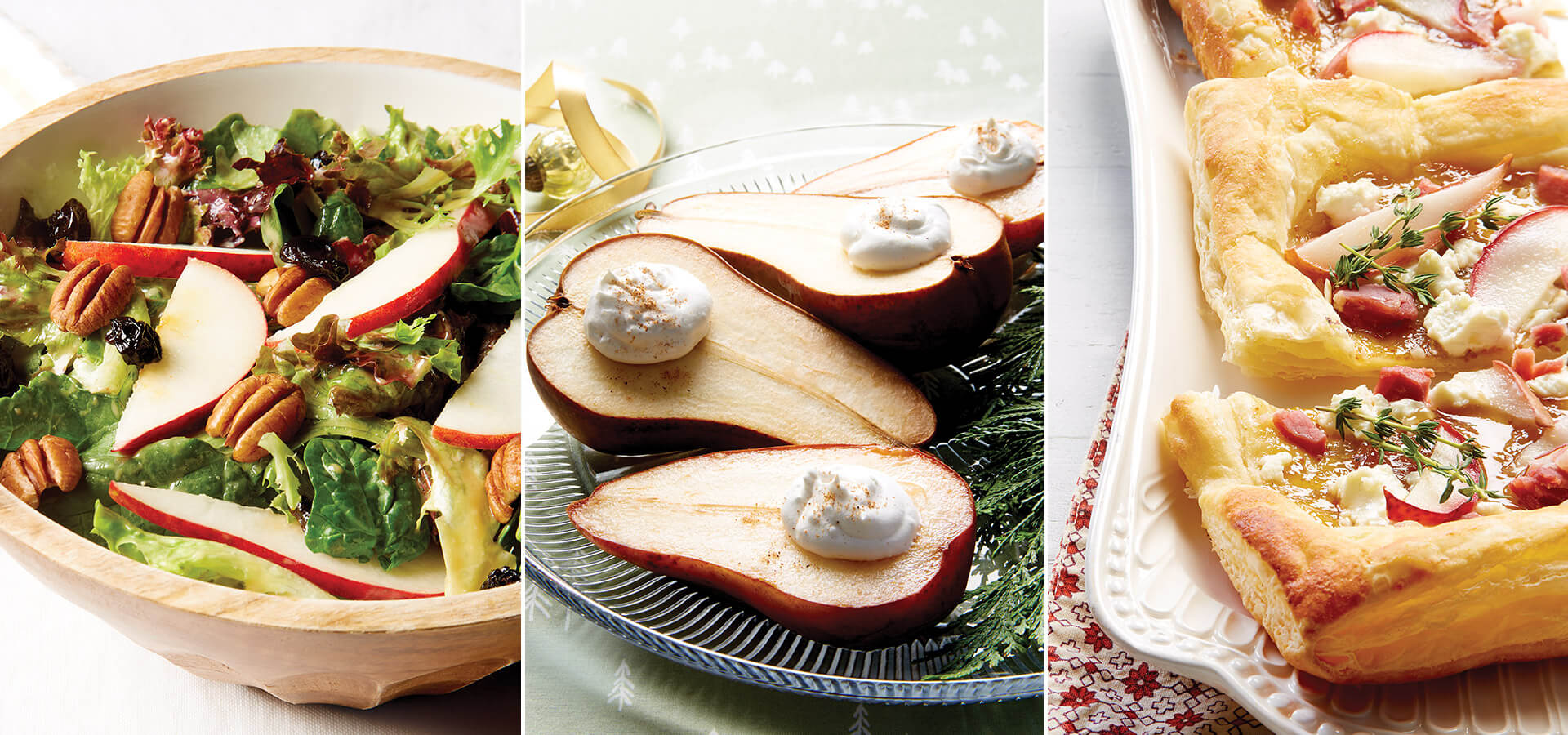 Pear salad, cream-topped pears, and pear tarts