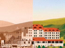 Illustration of the Grove Park Inn being constructed