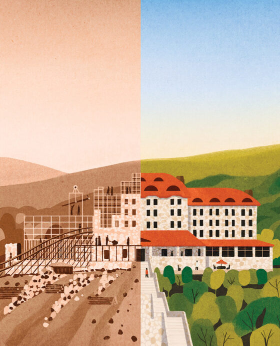 Illustration of the Grove Park Inn being constructed