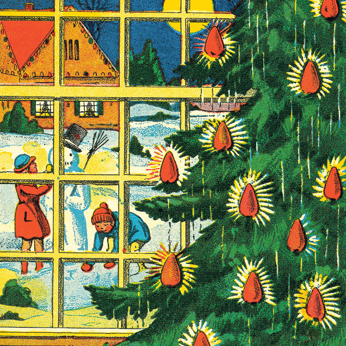 Illustration of a tree light with bulbs and people playing in the snow outside