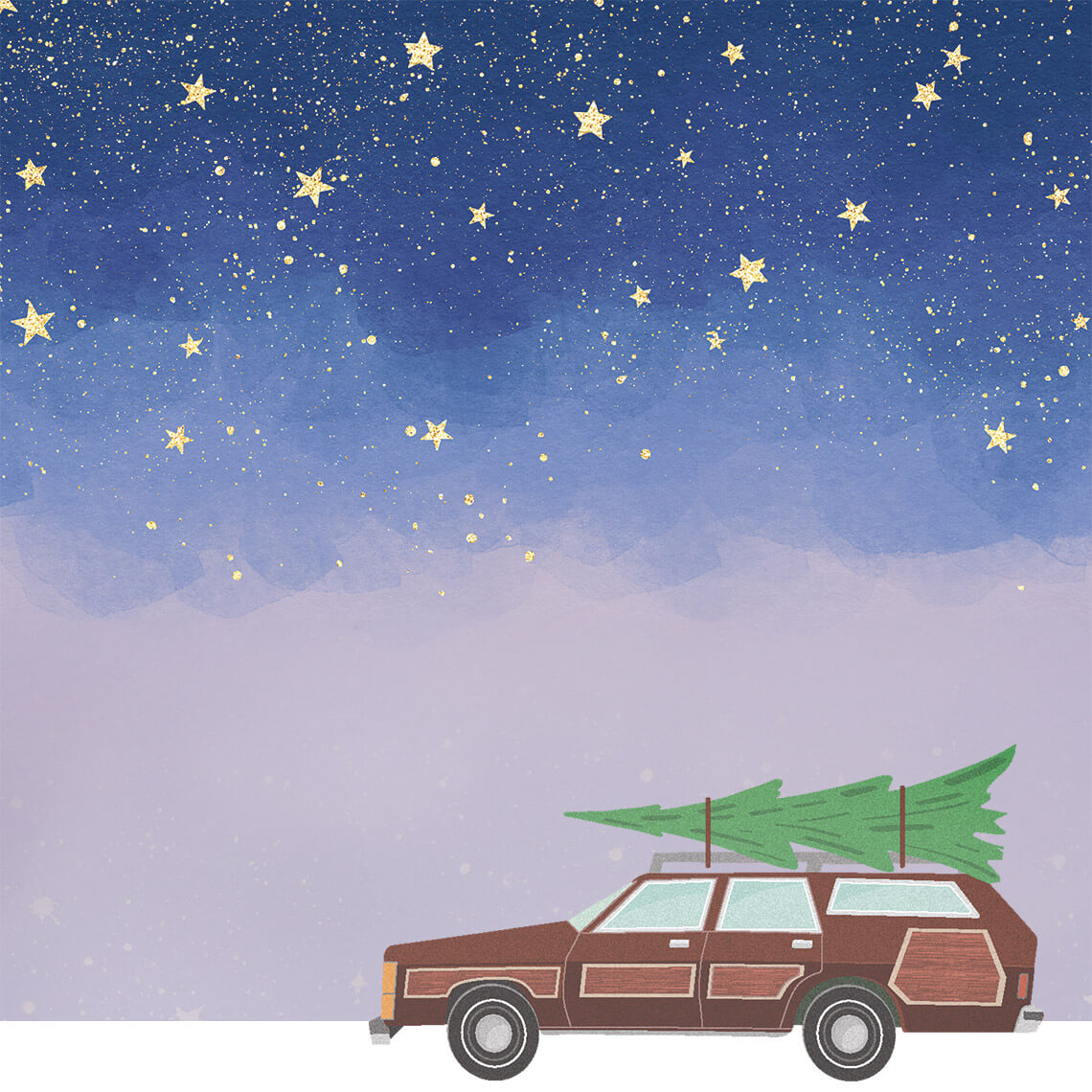 Illustration of a station wagon with a christmas tree tied to the top