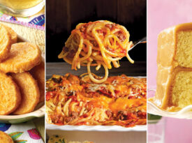 Cheese wafers, baked spaghetti, and caramel cake