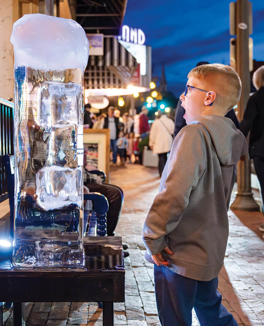 Child marvels at an ice sculpture in Haywood County