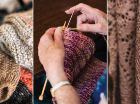 The Cape Fear Knitters’ creations include lace shawls by Nancy Carnegie, and handmade hats, socks, and more for neighbors in need.