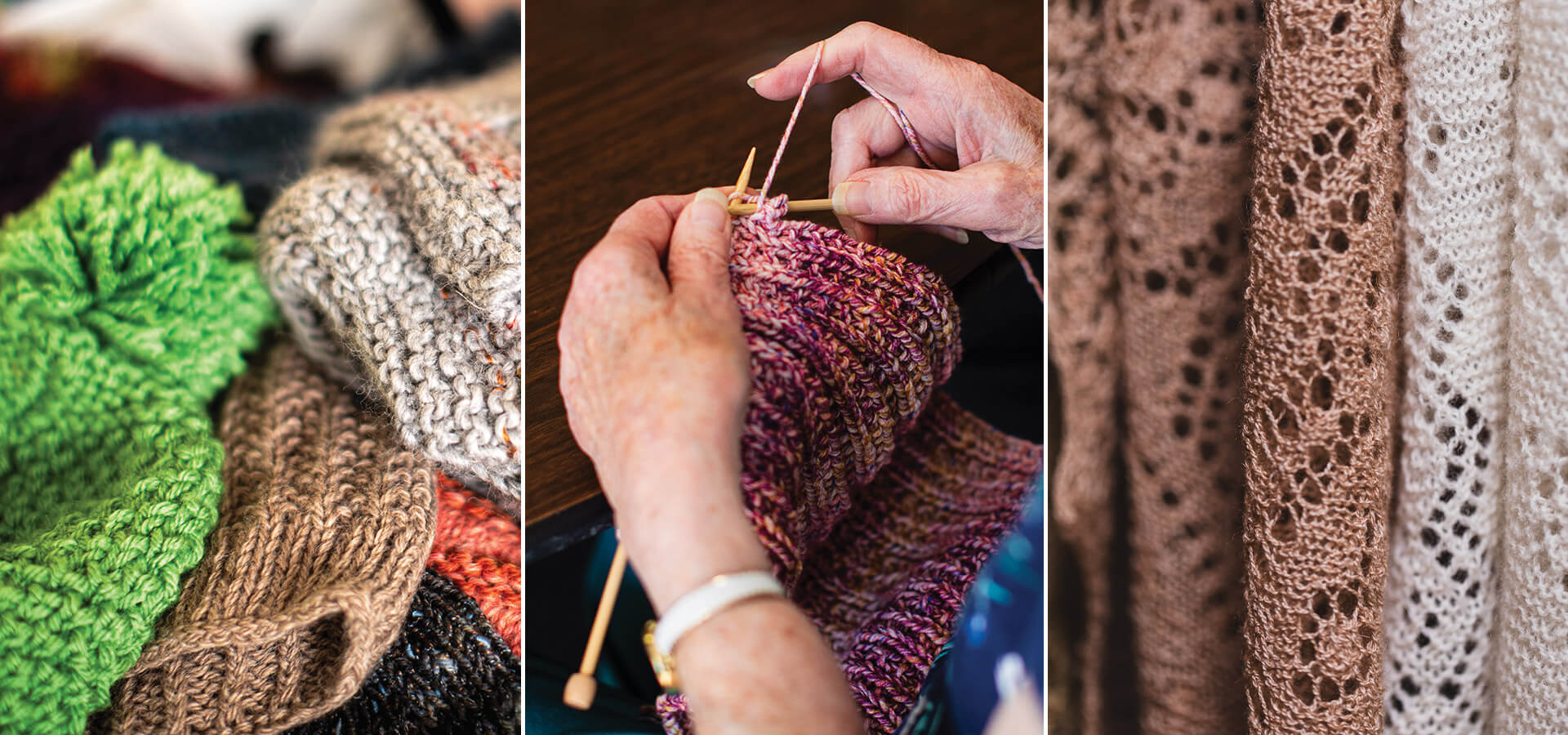 The Cape Fear Knitters’ creations include lace shawls by Nancy Carnegie, and handmade hats, socks, and more for neighbors in need.