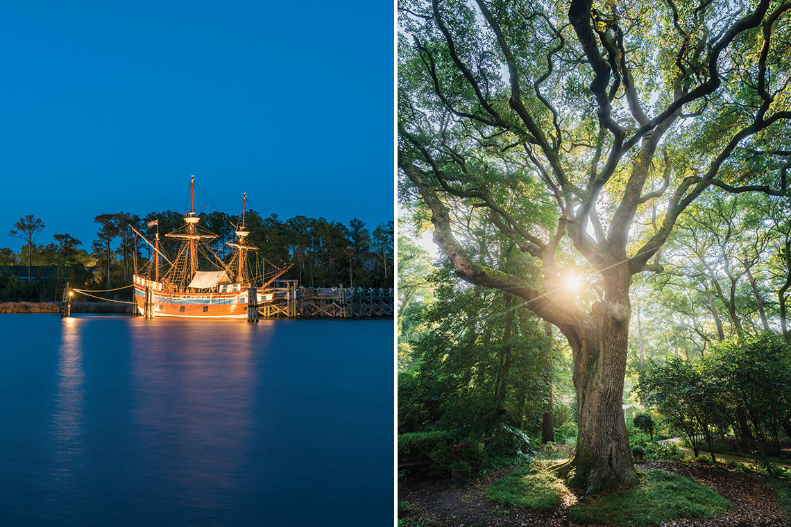 The Elizabeth II docked in Manteo and Elizabethan Gardens