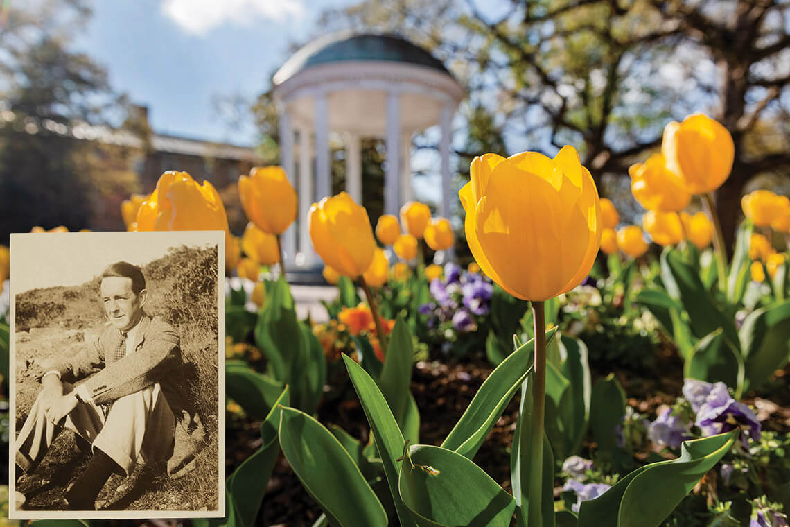 Tulips at the Old Well in UNC Chapel Hill and picture of William Mead