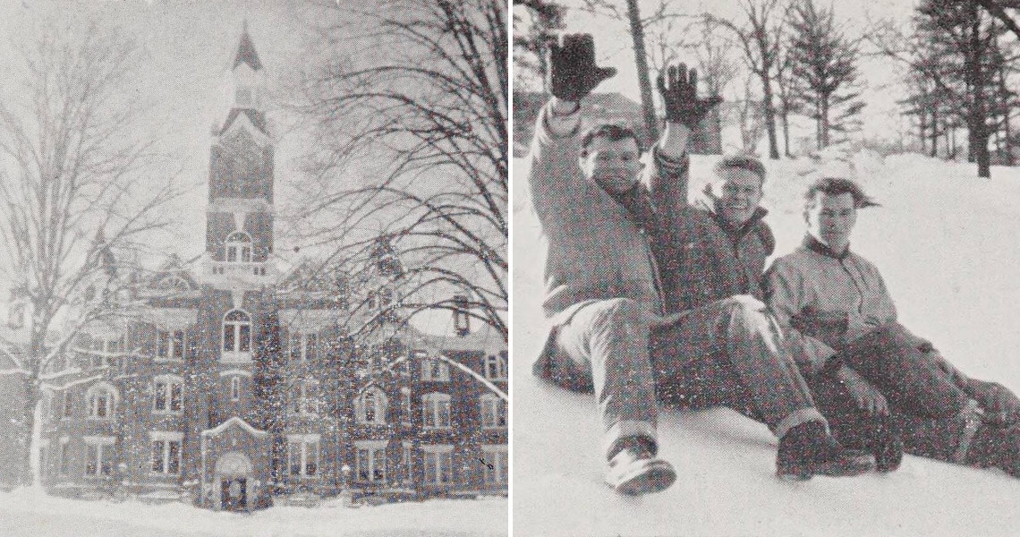 North Carolina School of the Deaf in the snow; students sledding