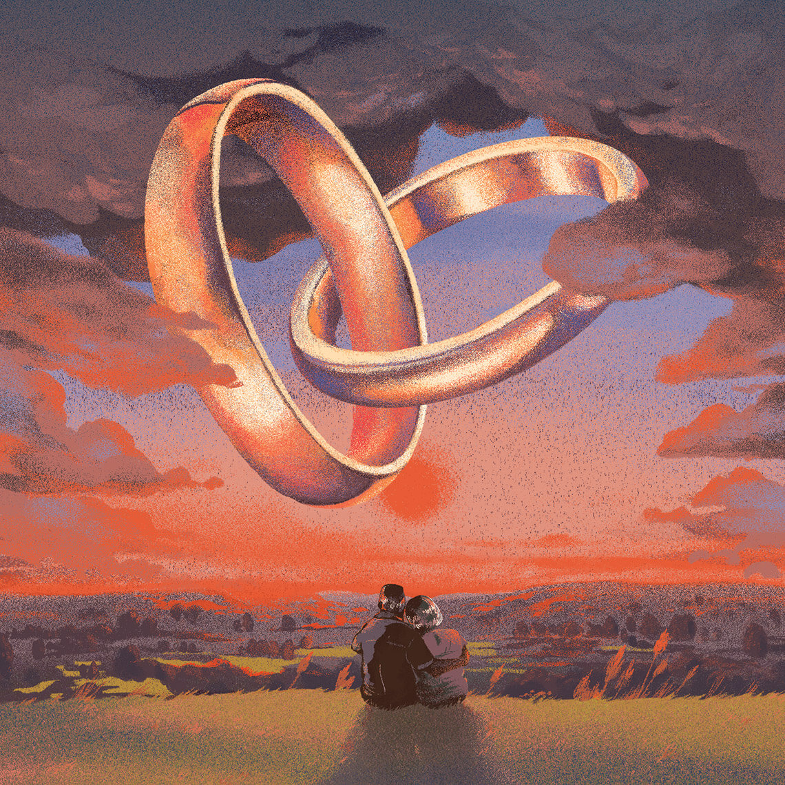 Illustration of a couple with wedding rings intertwined over them