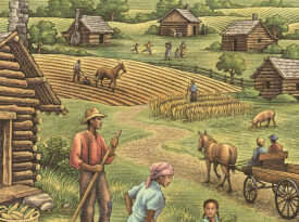 Illustration of families working in the fields in the Kingdom of the Happy Land