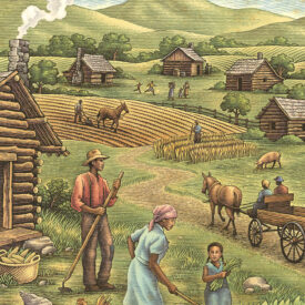 Illustration of families working in the fields in the Kingdom of the Happy Land