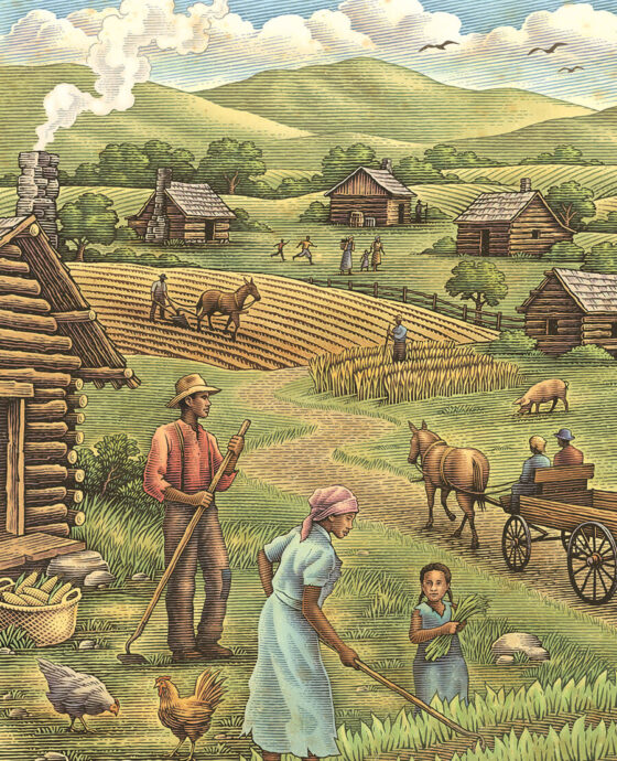 Illustration of families working in the fields in the Kingdom of the Happy Land