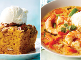 Spice cake and shrimp with red curry and coconut sauce