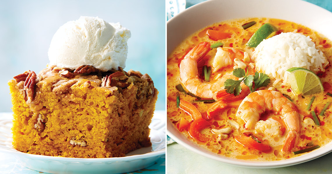Spice cake and shrimp with red curry and coconut sauce