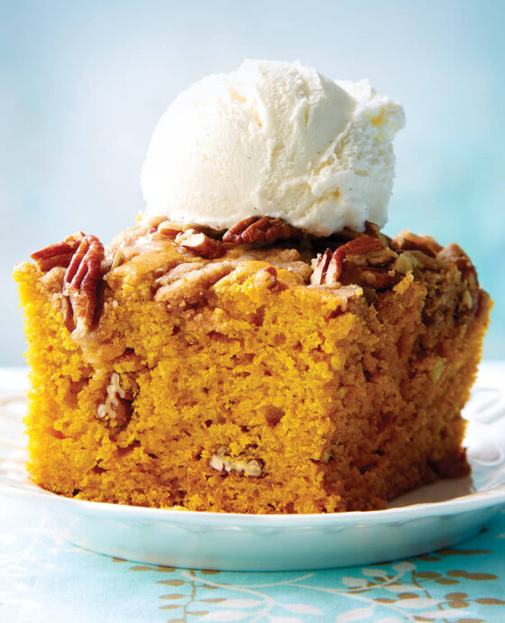 Slice of spice cake with ice cream on top