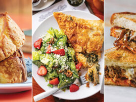 Grilled pound cake, phyllo spinach pie, and a sandwich from North Carolina diners