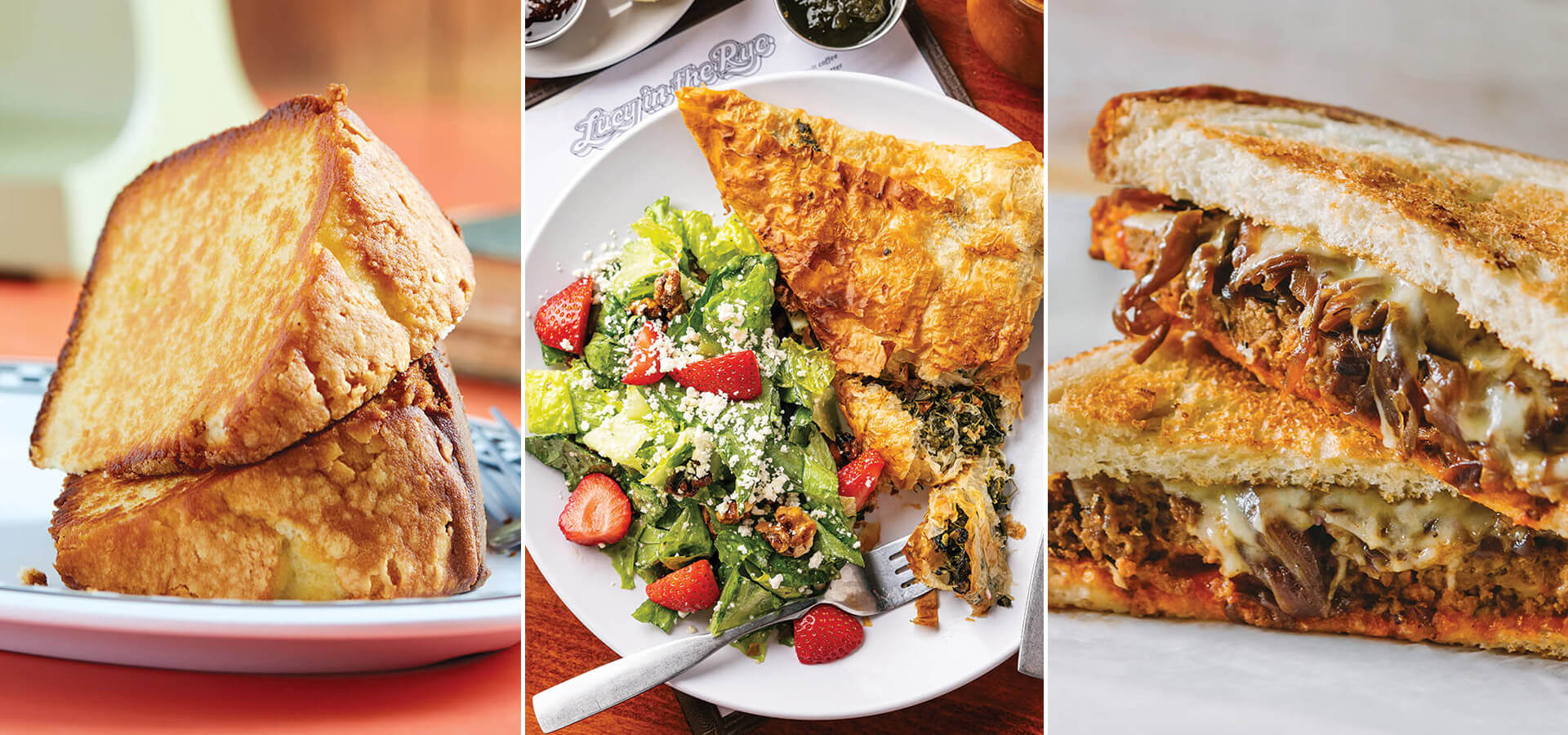 Grilled pound cake, phyllo spinach pie, and a sandwich from North Carolina diners