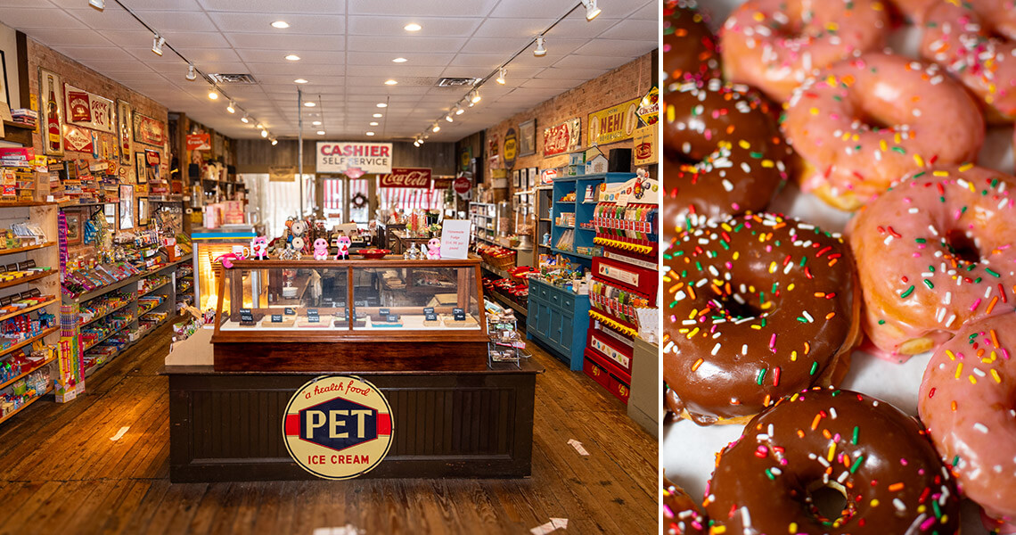 Candy selection inside The Candy Factory in Lexington NC and doughnuts